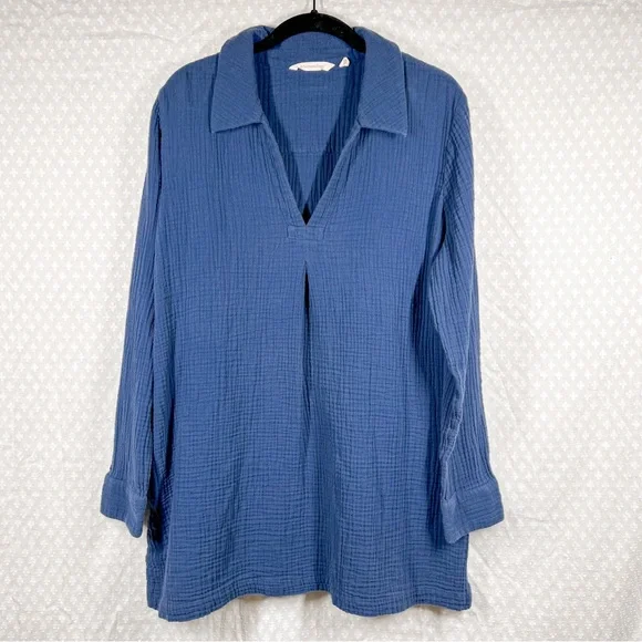 Soft Surroundings Blue Key Biscayne Muslin Cotton Popover Tunic‎ Top - Picture 2 of 7